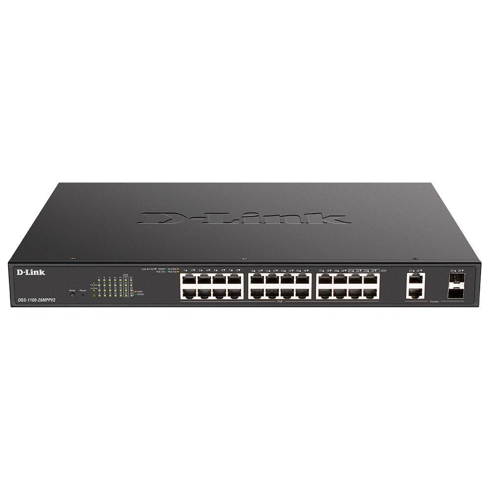 D-Link DGS-1100-26MPPV2/A3A Настраиваемый L2 коммутатор с 24 портами 10/100/1000Base-T и 2 комбо-портами 1000Base-T/SFP (порты 1-24 PoE 802.3af/at, порты 21-24 PoE 802.3bt, PoE-бюджет 525 Вт)