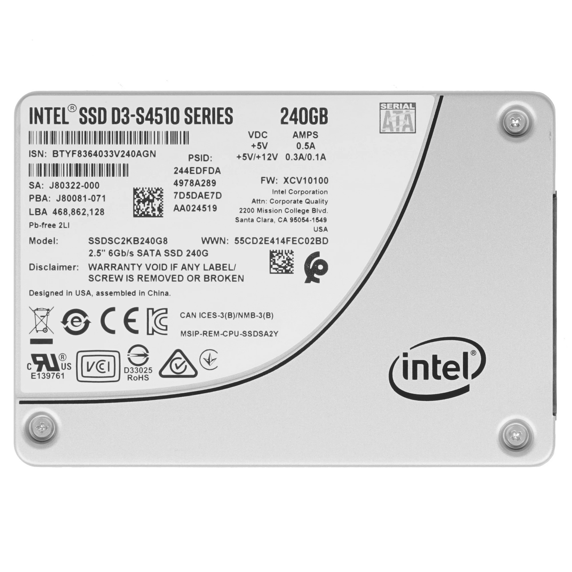 Intel SSD 240Gb S4510 серия SSDSC2KB240G8(01) {SATA3.0, 3D2, TLC, 2.5"}