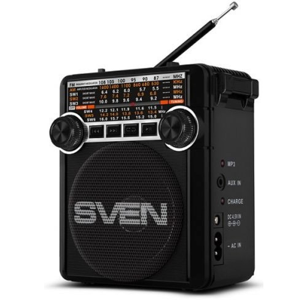 повреждение упаковки SVEN SRP-355, черный, радиоприемник (мощность 3 Вт (RMS), FM/AM/SW, USB, SD/microSD, фонарь, встроенный аккумулятор)