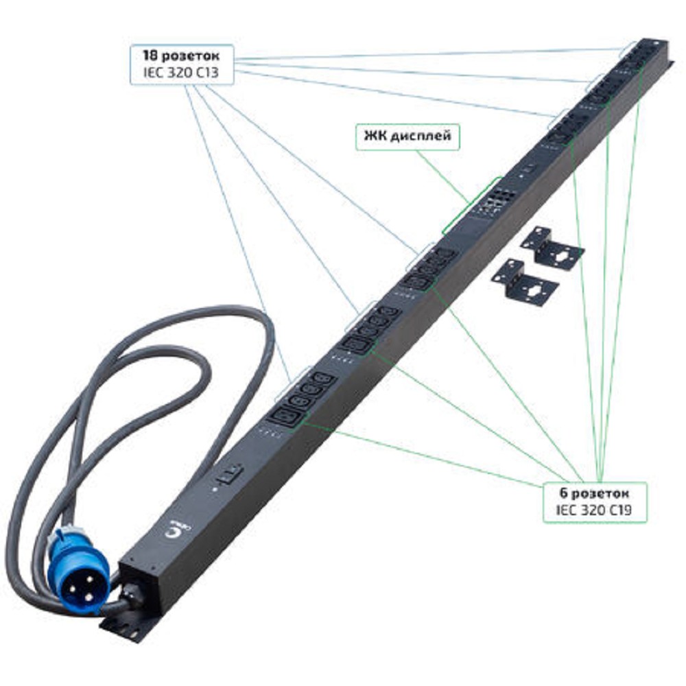 Cabeus SMART-PDU-32-1P-36C13-6C19-I309-CM Блок распределения питания, вертикальный, 36 розеток IEC 320 C13, 6 розеток IEC 320 C19, 1 фаза, 32А, 2х16А, автомат защиты, 250В, мониторинг/управление, шнур