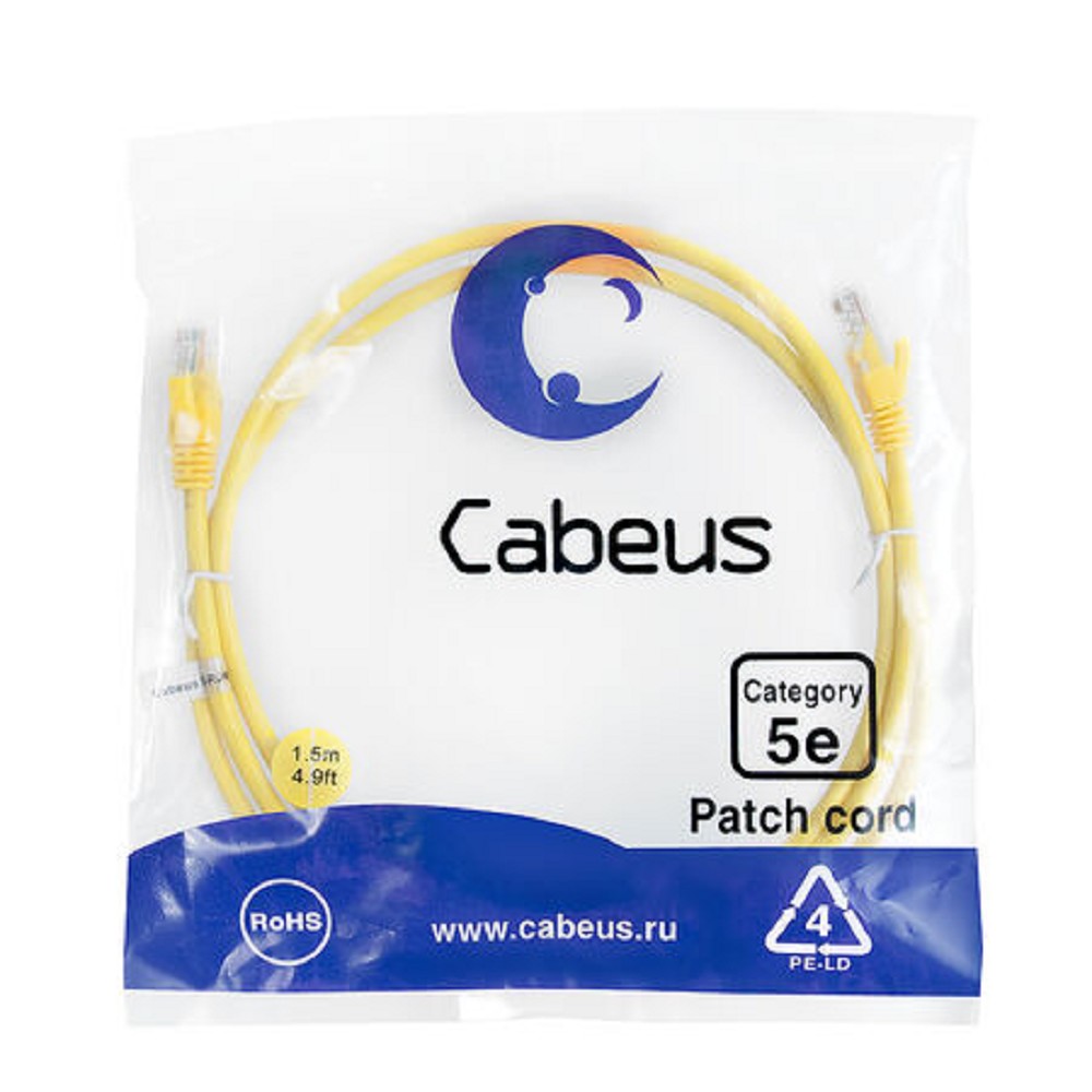 Cabeus PC-UTP-RJ45-Cat.5e-1.5m-YL Патч-корд U/UTP, категория 5е, 2xRJ45/8p8c, неэкранированный, желтый, PVC, 1.5м