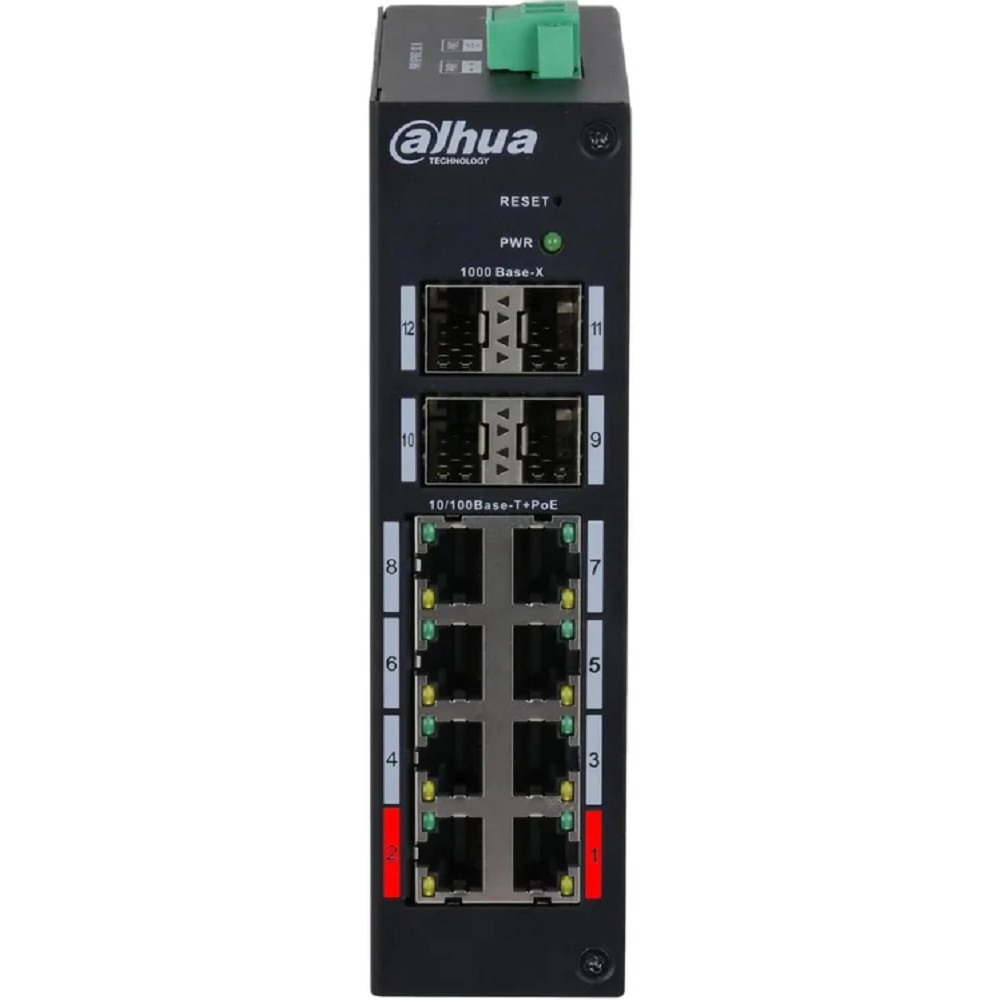 Dahua DH-HS4412-8ET-120 12-портовый управляемый коммутатор с PoE, промышленное исполнение  8 RJ45 10/100Мбит/с, 4 SFP 1000Мбит/с (uplink); до 120Вт; на DIN-рейку