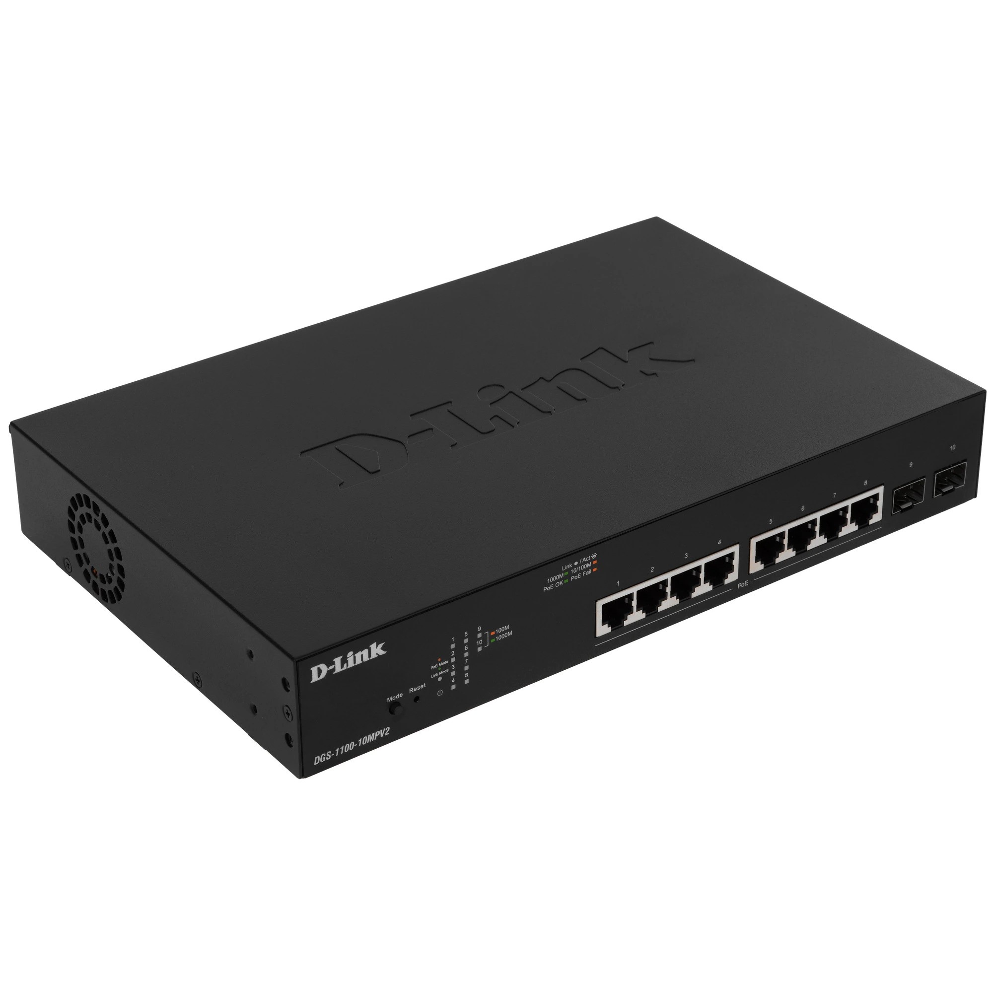D-Link DGS-1100-10MPV2/A3A Настраиваемый L2 коммутатор с 8 портами 10/100/1000Base-T и 2 портами 1000Base-X SFP (8 портов PoE 802.3af/at, PoE-бюджет 130 Вт)