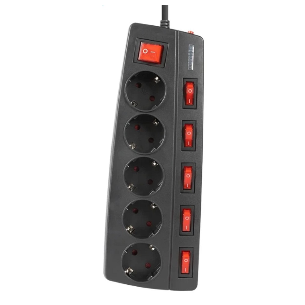 Filum Сетевой фильтр FL-SPL5-1.8M-BL, 2500 Вт., 5 розеток, защитные шторки, инд. выключатели, шнур 1.8 м., черный {00-01095523}
