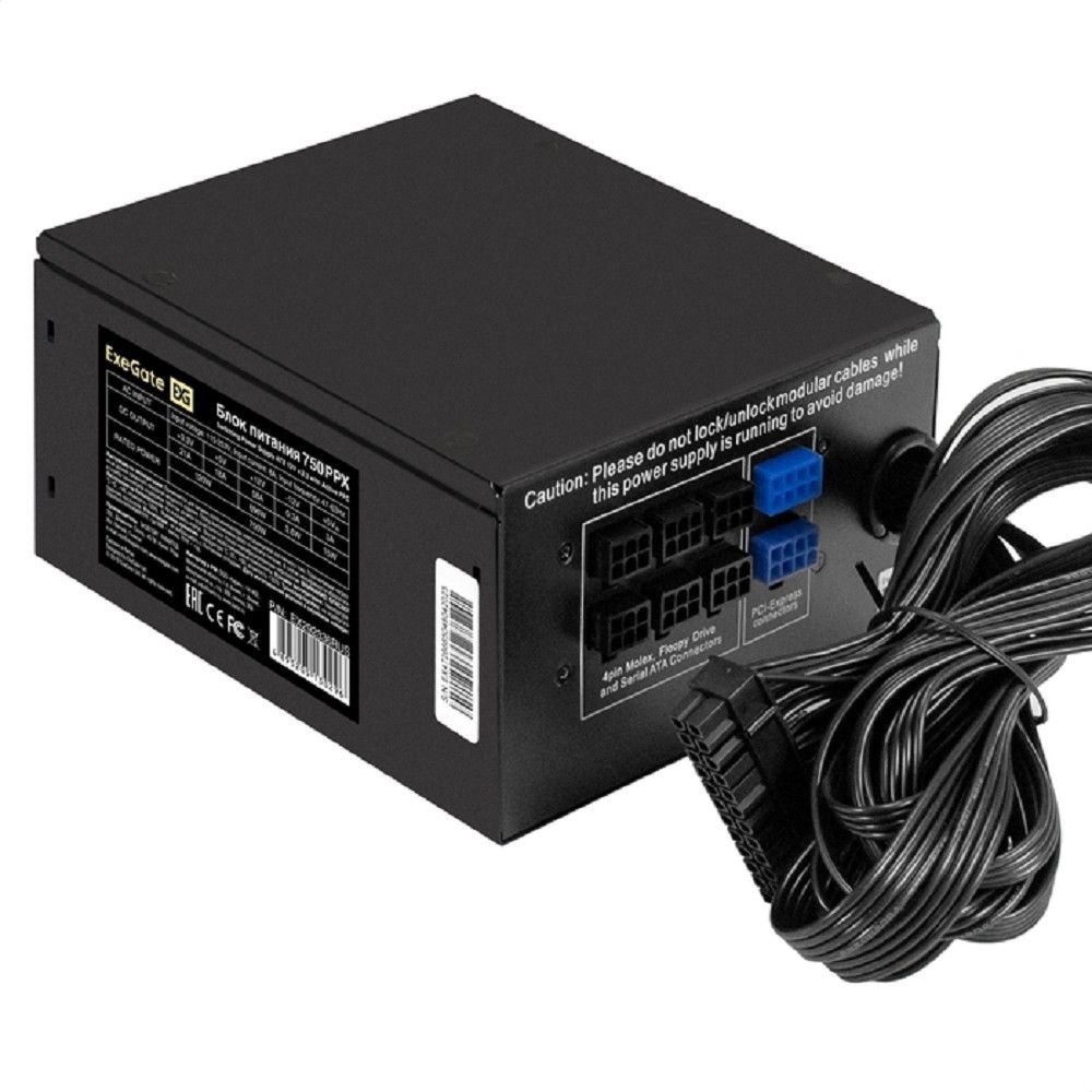 Exegate EX292336RUS-S Блок питания 750W ExeGate 750PPX (ATX, APFC, SC, КПД 80% (80 PLUS), 14cm fan, 24pin, 2x(4+4)pin, 6xPCI-E, 8xSATA, 4xIDE, Cable Management, RTL, black, кабель 220V с защитой от вы