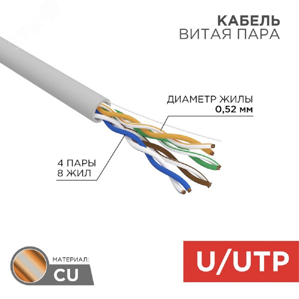 Rexant (02-0005-R) Кабель витая пара U/UTP, CAT 5е, PVC, 4x2x0,52 мм, 24AWG, INDOOR, SOLID, серый, 305м, РФ