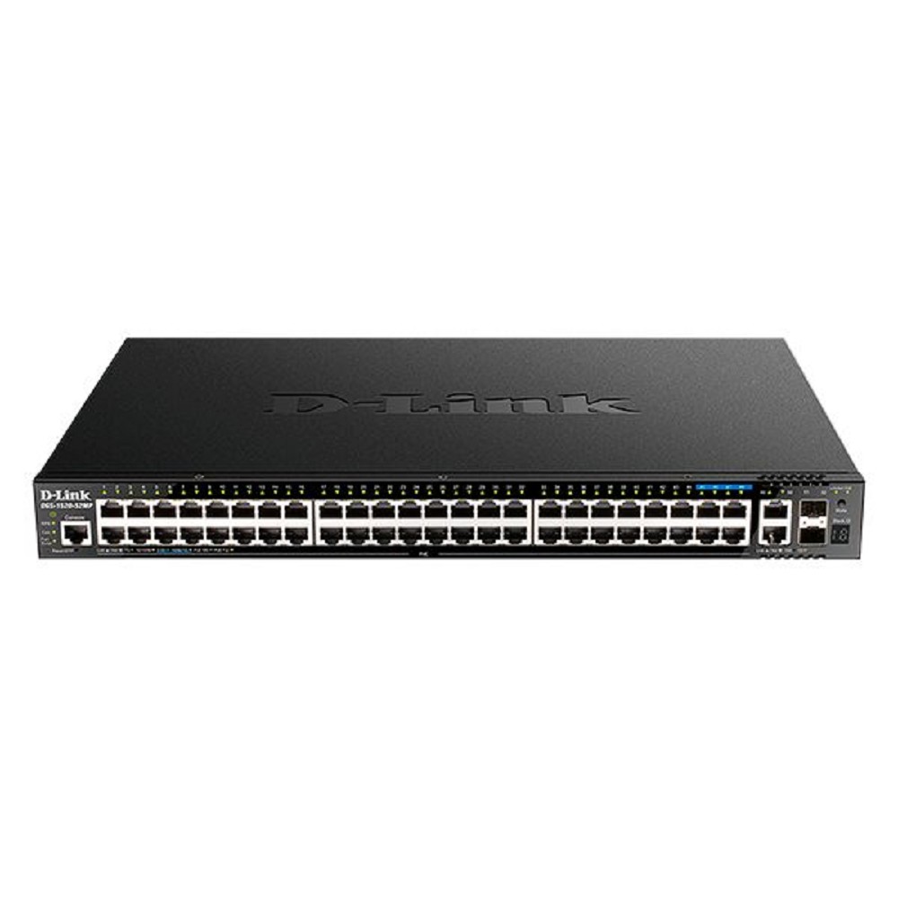 D-Link DGS-1520-52MP/A2A Управляемый L3 стекируемый коммутатор с 44 портами 10/100/1000Base-T, 4 портами 100/1000/2.5GBase-T, 2 портами 10GBase-T и 2 портами 10GBase-X SFP+ (PoE-бюджет 370 Вт)