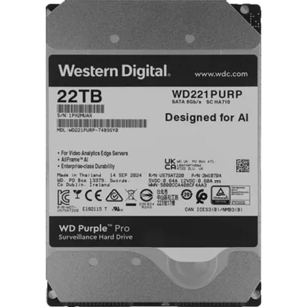 22TB WD Purple Pro (WD221PURP) {Serial ATA III, 7200- rpm, 512Mb, 3.5"}
