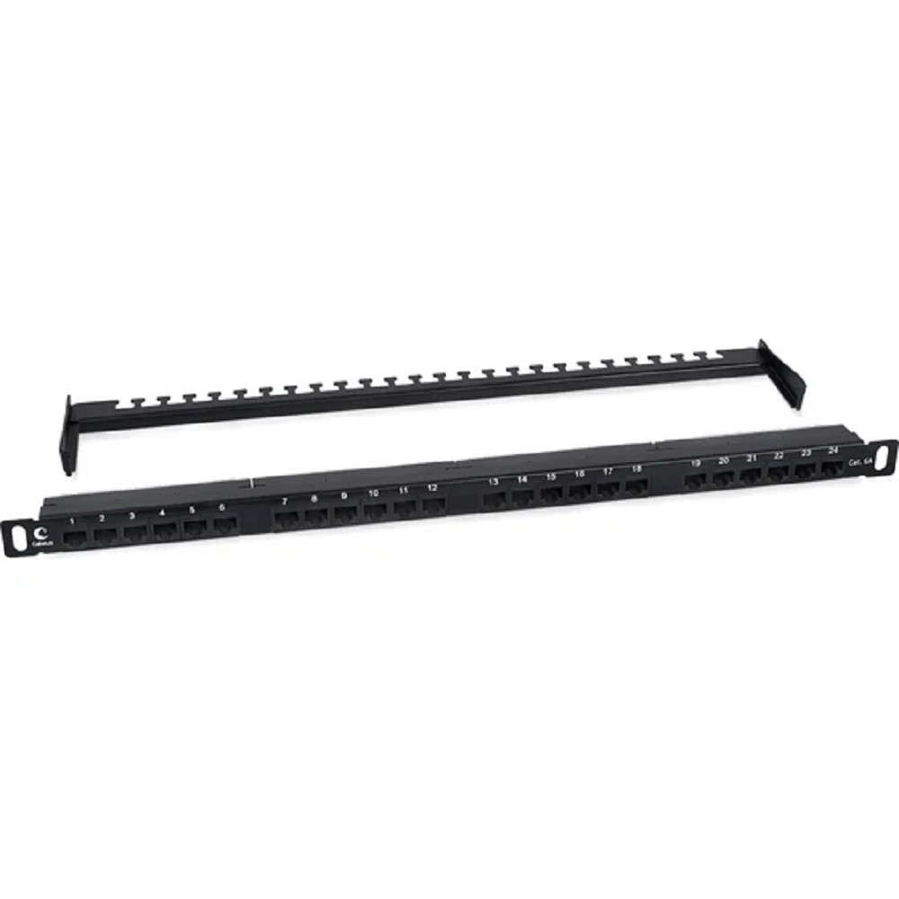 Cabeus PLHD-24-Cat.6a-Dual-180-0,5U Патч-панель высокой плотности 19" (0,5U), 24 порта RJ-45, категория 6a, Dual IDC,180 градусов, с задним кабельным организатором