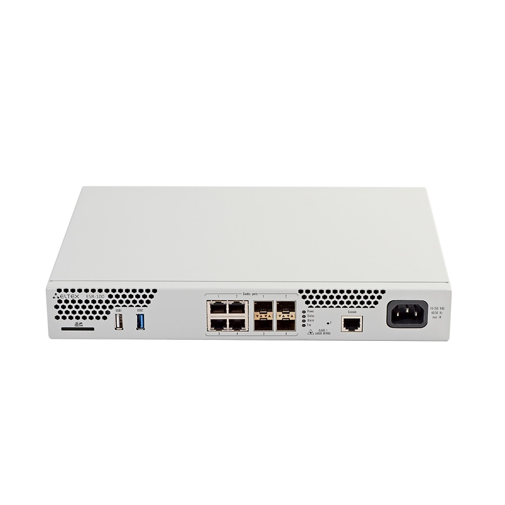 ELTEX ESR-100 Сервисный маршрутизатор 4x Combo 10/100/1000BASE-T/1000BASE-X SFP, 1x USB 2.0, 1x USB3.0, 1 слот для SD-карт, 4Gb RAM, 1Gb Flash, 220V AC