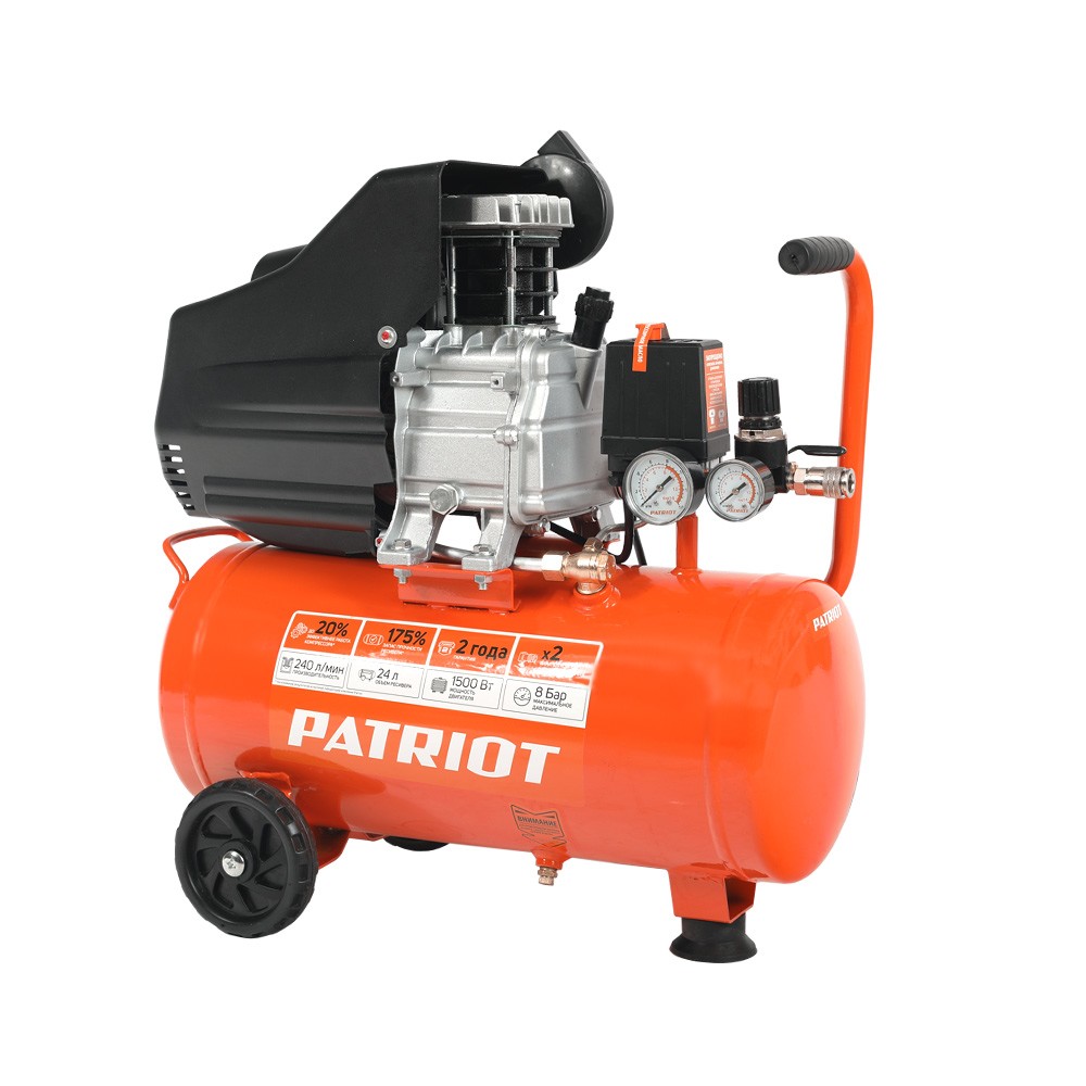 PATRIOT EURO 24-240 Компрессор [525306365] {Мощн.: 1.5 кВт; Напр.: 230В~50Гц; Об.двиг.: 2850 об/мин; Производит.: 240 л/мин; Об.ресивера: 24 л; Давл.: 8 бар; Вес: 17,4 кг;}