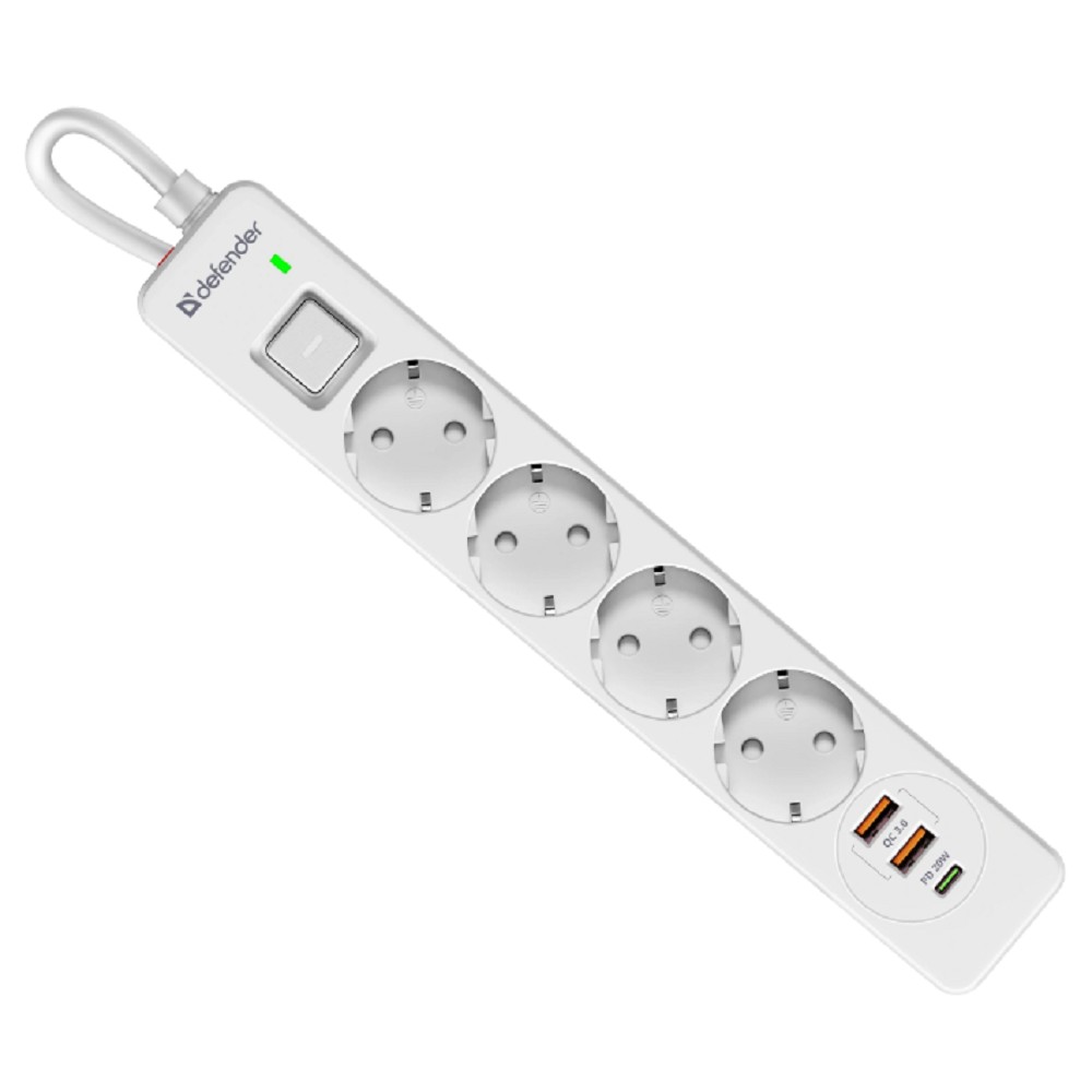 Defender Удлинитель с сетевым фильтром DFS 145 5 м,белый,4розетки,USB+TypeC [99435]