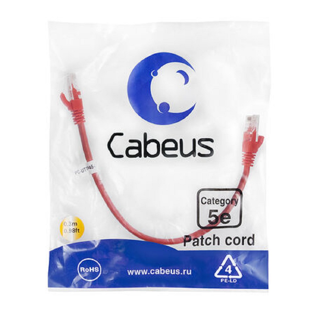CABEUS PC-UTP-RJ45-CAT.5E-0.3M-RD U/UTP, КАТЕГОРИЯ 5Е, 2XRJ45/8P8C, НЕЭКРАНИРОВАННЫЙ, КРАСНЫЙ, PVC, 0.3М