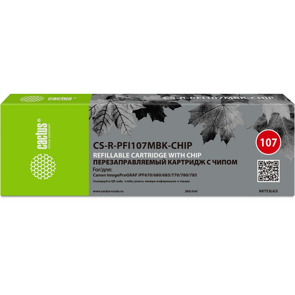 Картридж перезаправляемый струйный Cactus CS-R-PFI107MBK-CHIP черный матовый (260мл) для Canon imageProGRAF iPF670/680/685/770/780/785 с чипом