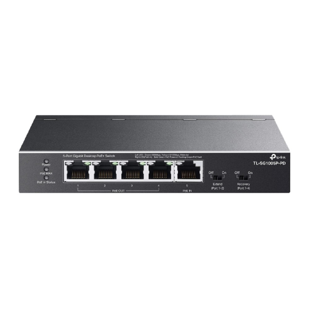TP-Link TL-SG1005P-PD Настольный коммутатор с 5 гигабитными портами (1 порт с входящим PoE++, 4 порта с исходящим PoE+)