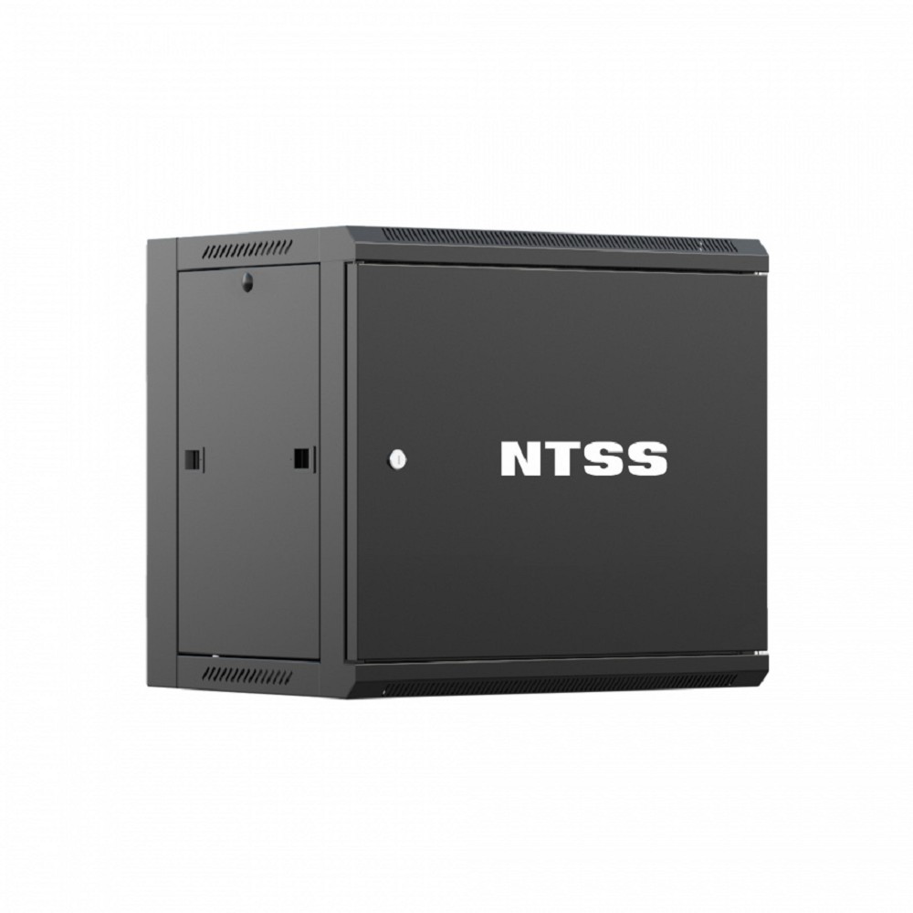 NTSS Шкаф настенный телекоммуникационный NTSS W 12U 600х600х635мм, 2 профиля 19, дверь сплошная металл, боковые стенки съемные, разобранный, черный RAL 9005 NTSS-W12U6060FD-BL