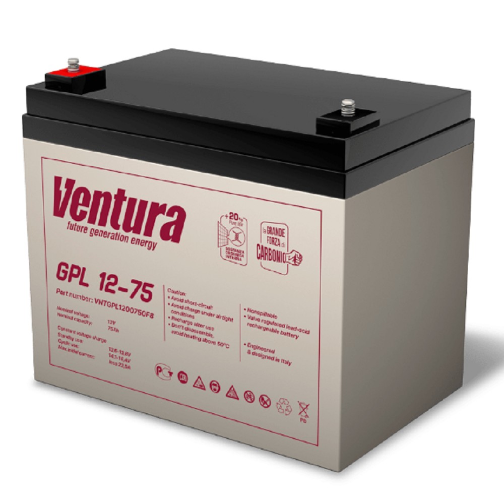 АКБ Ventura GPL 12-75   12V/79Ah {F6, ДхШхВ 260х168х216мм, 23.2кг, срок службы 12 лет}
