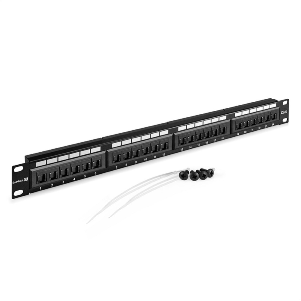 Exegate EX297317RUS Патч-панель ExeGate EPP3-19-24-8P8C-C6-110D-C (19", UTP, 24 port, cat.6, KRONE&amp;110(dual IDC), 1U, RoHS, с кабельным органайзером и защитными шторками, Black, RTL)