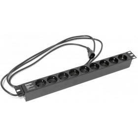 Hyperline SHE19-9SH-2.5IEC Блок розеток для 19" шкафов, горизонтальный, 9 розеток Schuko (10A), 250В, кабель питания 3х1.0мм2, длина 2.5 м, с вилкой IEC 320 C14, 482.6x44.4x44.4мм (ДхШхВ)