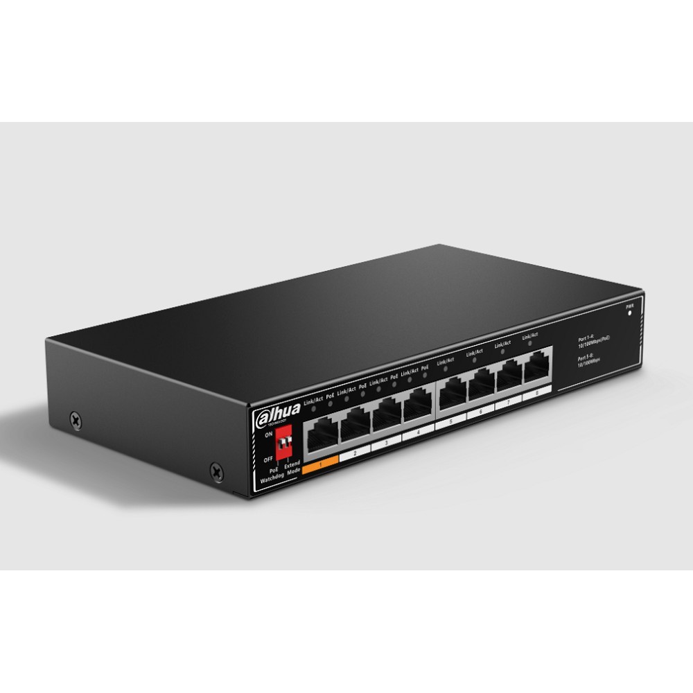 DAHUA DH-SF1008LP 8-портовый неуправляемый коммутатор с РоЕ, 4xRJ45 100Mb PoE, 4xRJ45 100Mb, суммарно 60Вт, коммутация 1.8 Гбит/с, MAC-таблица 2K, металл