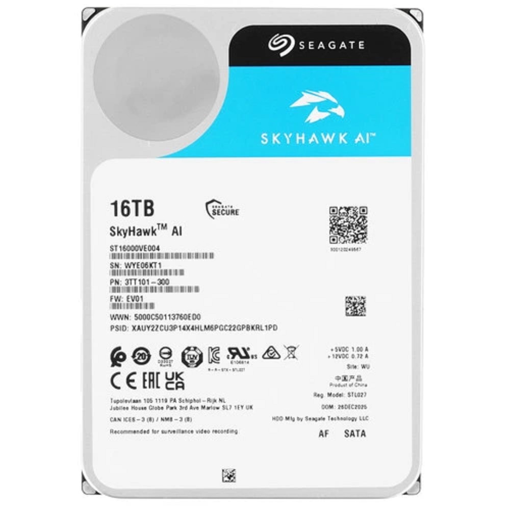 16TB Seagate SkyHawkAl (ST16000VE004) {SATA 6 Гбит/с, 7200 rpm, 256 mb buffer, для видеонаблюдения}