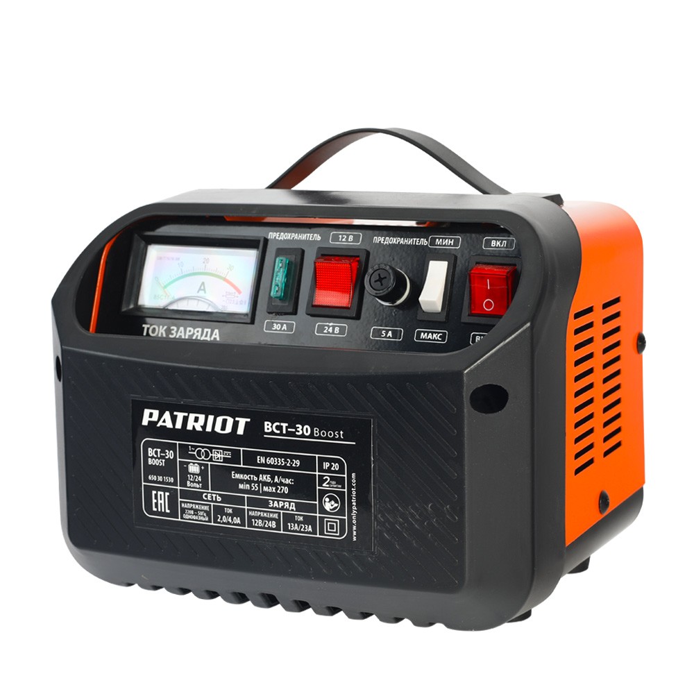 Заряднопредпусковое устройство PATRIOT BCT-30 Boost [650301530] {Вход.напр. 1ф - 220В ±15%, макс.мощн. 700Вт; напр.зарядки 12/24В, ток заряд/boost 16.0/20.0А; емк.бат. 120-240А/час, вес 9.1кг}