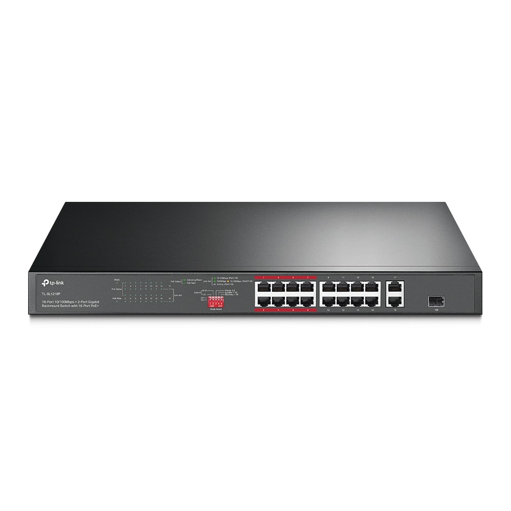 TP-Link TL-SL1218P Коммутатор с 16 портами PoE+ 10/100 Мбит/с, гигабитным портом RJ45 и комбинированным портом RJ45/SFP