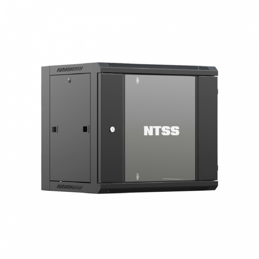 NTSS Шкаф настенный телекоммуникационный NTSS W 12U 600х450х635мм, 2 профиля 19, дверь стеклянная, боковые стенки съемные, задняя стенка, разобранный, черный RAL 9005 NTSS-W12U6045GS-2BL