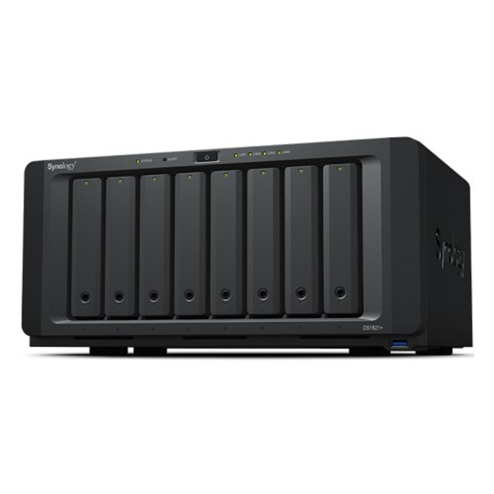 Synology DS1821+ QC2,2GhzCPU/4GbDDR4(upto32)/RAID0,1,10,5,6/upto 8hot plug HDD SATA(3,5' or 2,5')(upto18 with 2xDX517)+ 2 M2 slots/ 4xUSB3.2/2eSATA/4GigE(+1Expslot)/iSCSI/2xIPcam(upto40)
