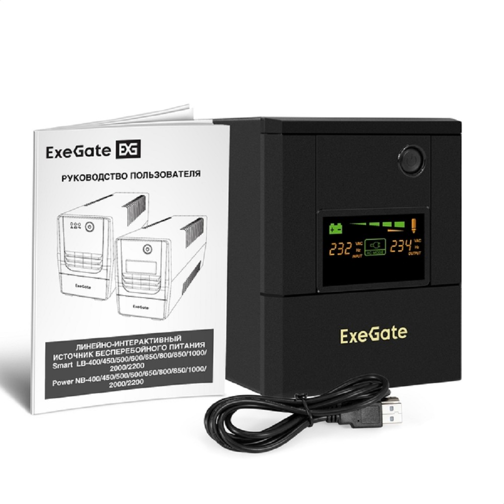 Exegate EX299822RUS ИБП ExeGate Smart LB-2000.LCD.AVR.4SH.USB (2000VA/1200W, цветной LCD, AVR, 4*Schuko, USB, батарея 12V 9Ah - 2 шт., металлический корпус, Black)