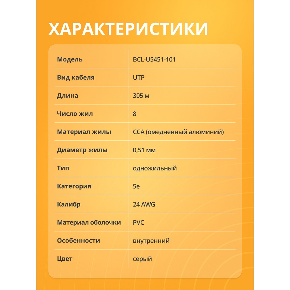 Кабель витая пара Bion BCL-U5451-101 U/UTP, кат.5e, 4x2x0,51мм AWG 24, CCA, одножильный, PVC, для внутренней прокладки, 305м, серый