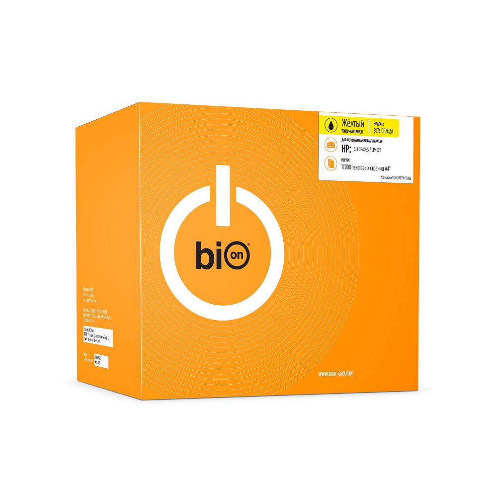 Повреждение упаковки Bion  BCR-CE262A  Картридж для HP {Color LaserJet Enterprise CP4025n/CP4025dn/CP4525n/CP4525dn/CP4525xh }(11000  стр.), Желтый, с чипом