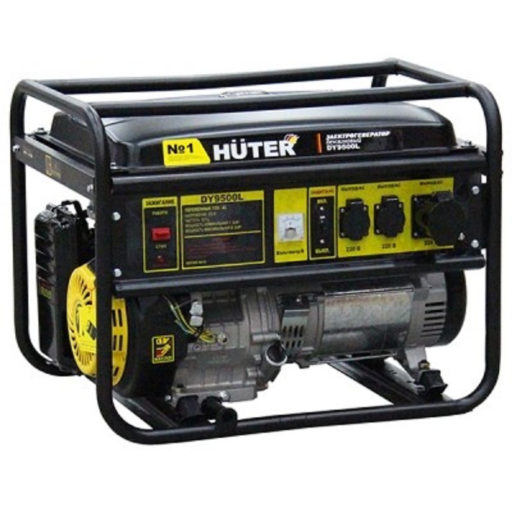 Huter DY9500L 64/1/39 Электрогенератор { четырехтактный, 7500Вт, 220В/50Гц, 91Дб, принудительное охлаждение, бак 25 л, расход бензина 374 г/кВтч, расход масла 6,8 г/кВтч, ручной стартер }