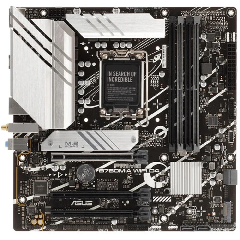 ASUS PRIME B760M-A WIFI D4 (Socket1700,  mATX, 4xDDR4(128GB), DP/2xHDMI, 3xPCIe 4.0x16, 1xLAN (2.5GbE), Wi-Fi, BT, 4xSATA 6Gb/s, 2xM.2, 2xUSB 3.2, 4xUSB 2.0, 1xPS/2)