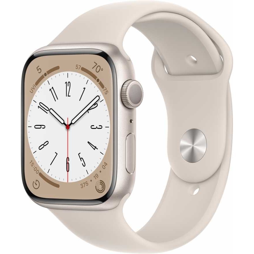 Apple Watch Series 8, 45 мм, корпус из алюминия цвета сияющая звезда, спортивный ремешок цвета сияющая звезда, размер M/L [MNUQ3LL/A] (США)