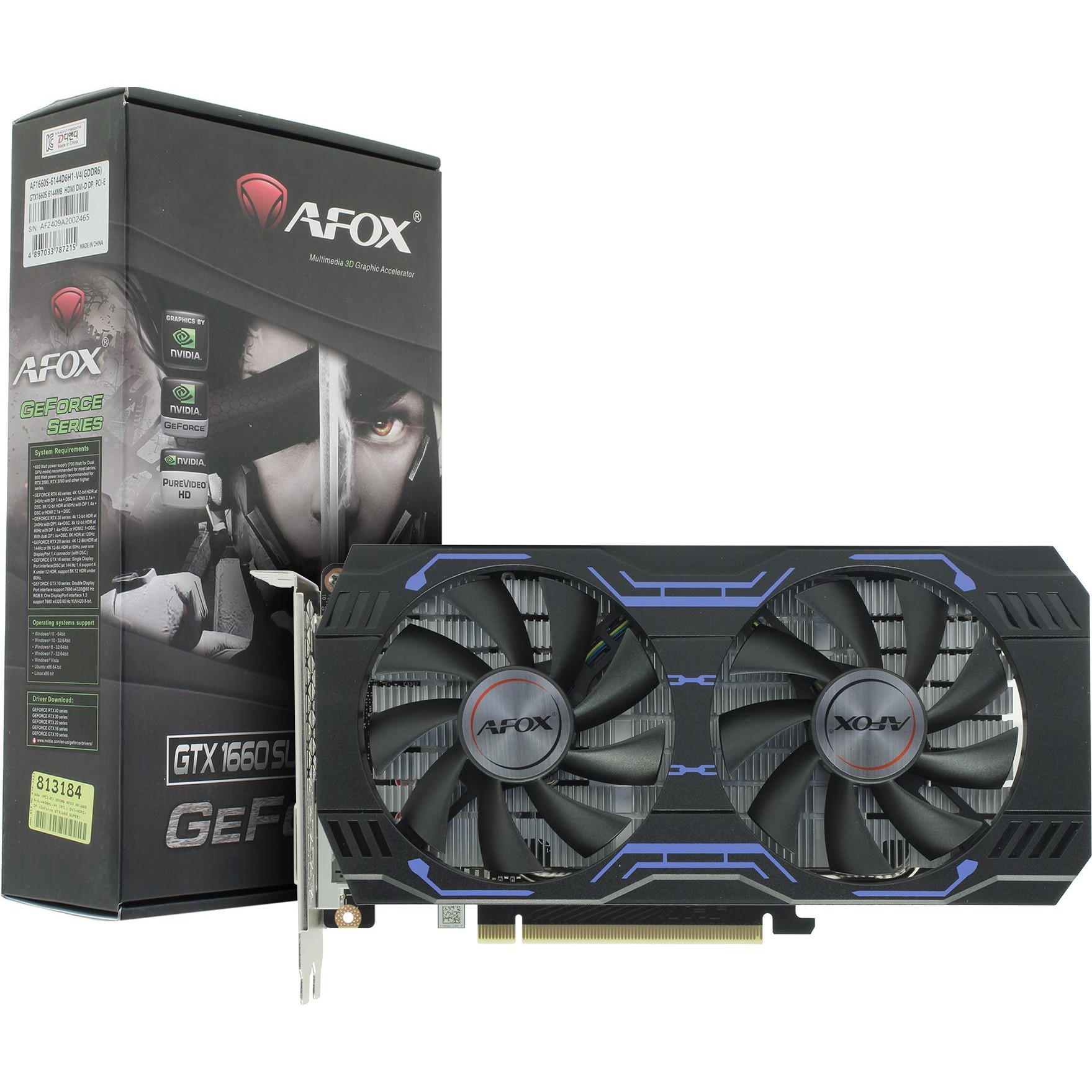 Видеокарта AFOX GTX1660 SUPER 6GB 192 bit GDDR6 DP/DVI/HDMI ATX 2FAN  (AF1660S-6144D6H1-V4) RTL