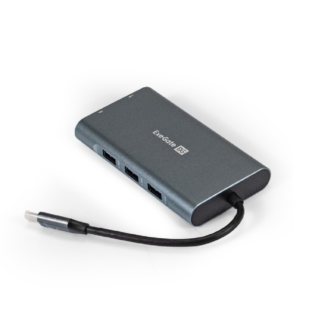 Exegate EX293985RUS Док-станция ExeGate DUB-31C/MAX (кабель-адаптер USB Type-C --> 3xUSB3.0 + Card Reader + PD 100W + HDMI 4K@30Hz + VGA + Audio + Lan RJ45 10/100/1000Mb, Plug&amp;Play, серый)