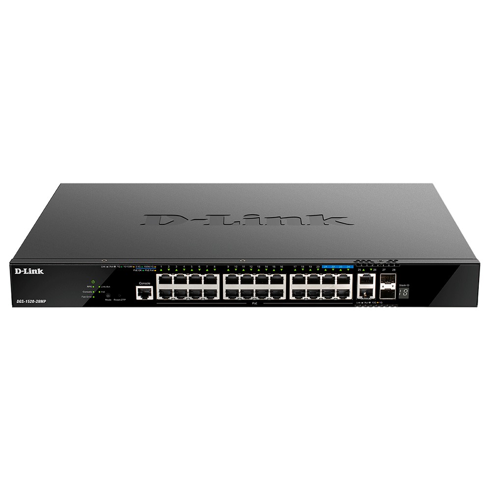 D-Link DGS-1520-28MP/A1A Управляемый L3 стекируемый коммутатор с 20 портами 10/100/1000Base-T, 4 портами 100/1000/2.5GBase-T, 2 портами 10GBase-T и 2 портами 10GBase-X SFP+ (PoE-бюджет 370 Вт)