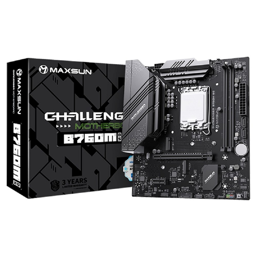 MAXSUN MS-Challenger B760M D5 (Socket 1700, mATX, 2*DDR5(96Gb), VGA/HDMI, 3*SATA3, 2*M.2, 1xPCI-E x16 /1xPCI-E x1, 2*USB 2.0,  4*USB 3.2 Gen1 , LAN 1*1G,  RTL)