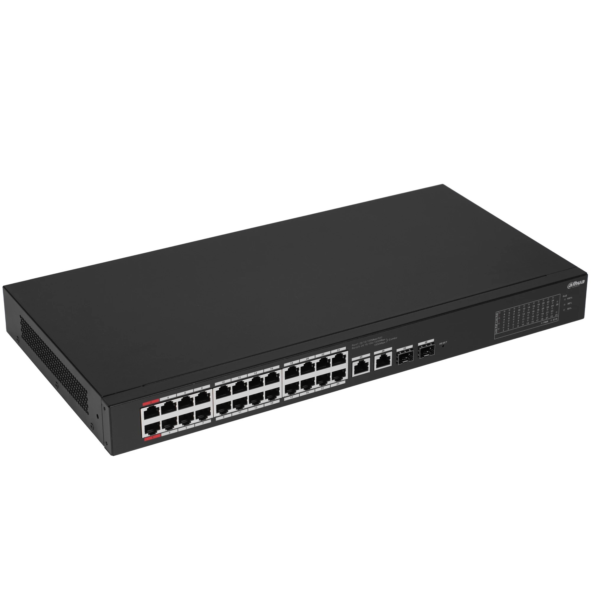 DAHUA DH-CS4226-24ET-240 24-портовый облачный управляемый коммутатор с PoE, 24xRJ45 100Mb, 2хКомбо SFP/RJ45 1Gb, суммарно 240Вт, коммутация 8.8 Гбит/с, MAC-таблица 8К