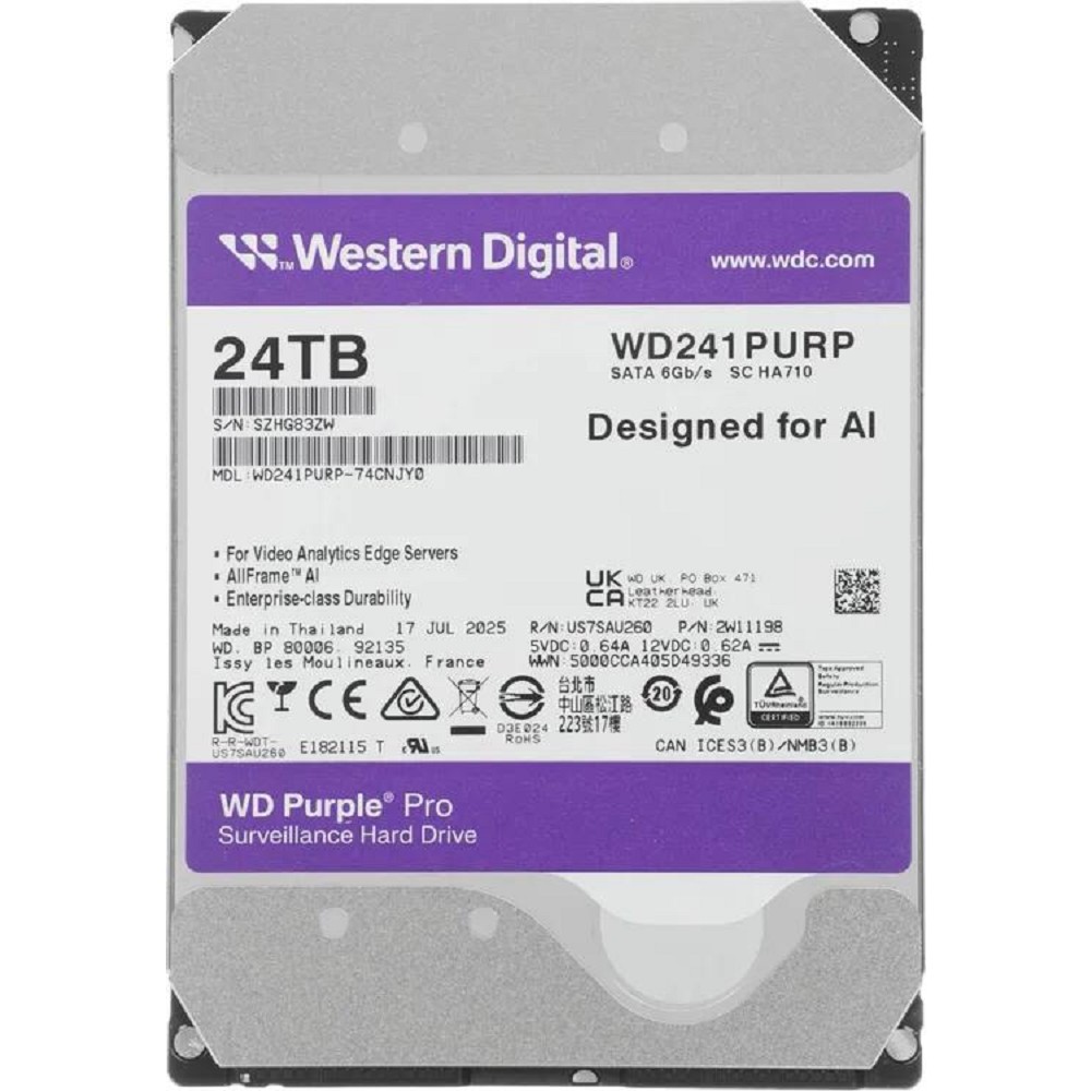 24TB WD Purple Pro (WD241PURP) {Serial ATA III, 7200- rpm, 512Mb, 3.5"}