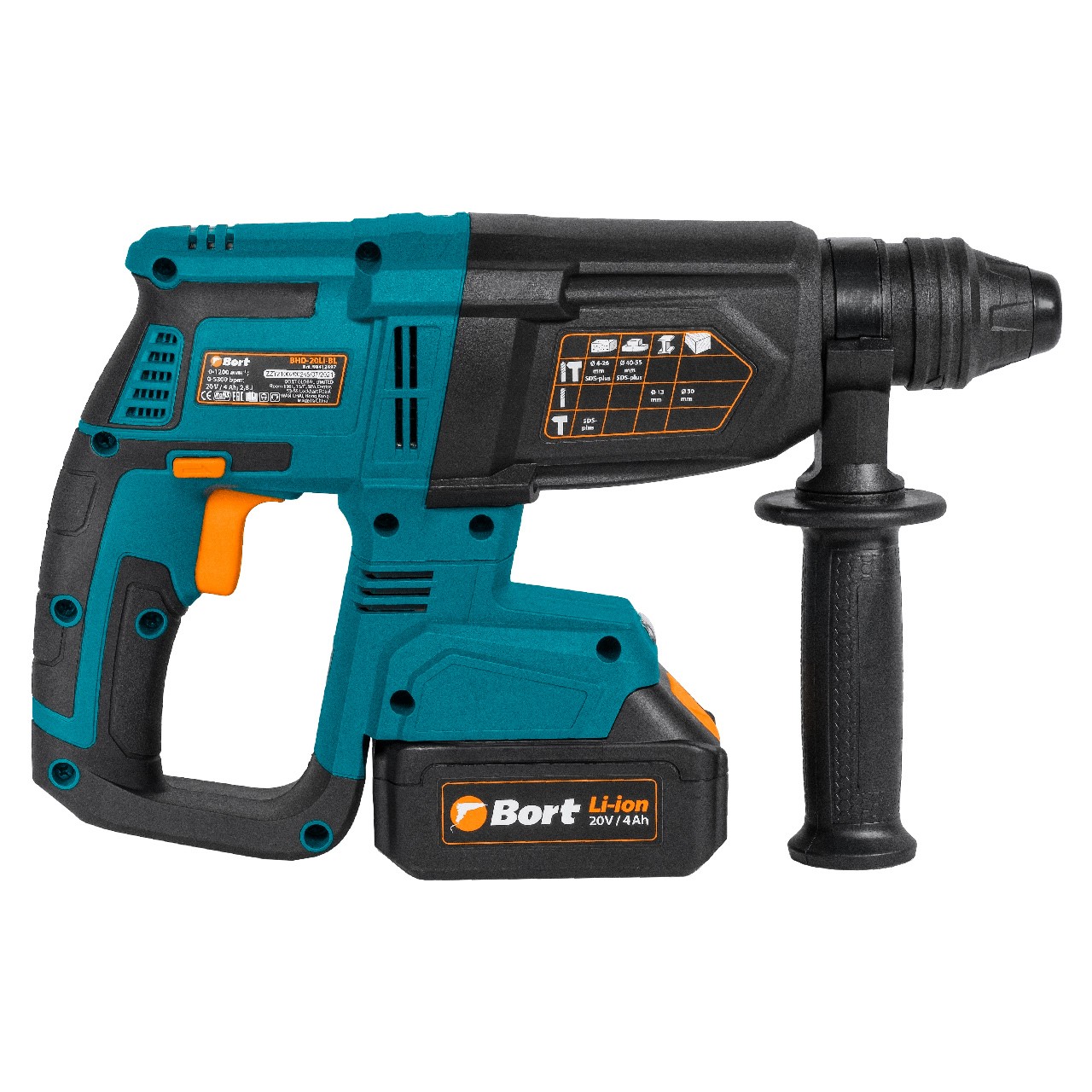 Bort Перфоратор аккумуляторный BHD-20LI-BL (2X4,0А.Ч) {Батарея 20 В; аккум. система Makita 18V LXT, Частота 5300 уд/мин; Вес изделия 3,4 кг; гарантия 2 г} [93412697]