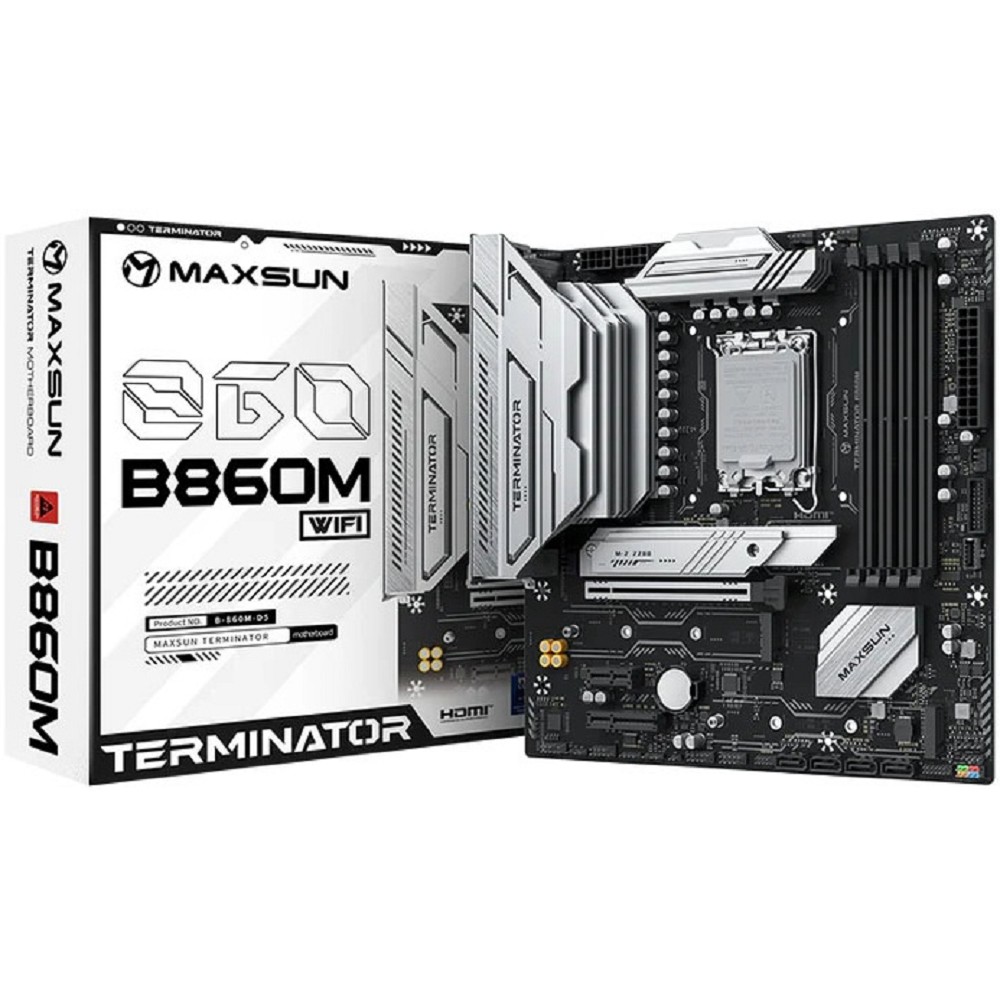 MAXSUN MS-Terminator B860M WIFI (Socket 1851, mATX, 4*DDR5(128Gb), DP/HDMI, 4*SATA3, 3*M.2, 1*PCIEx16/1*PCIEx4/1*PCIEx1, 1*Type-C,  4*USB2.0, 2*USB 3.2, LAN 1*2.5G, BT,  Wi-Fi6,  RTL)