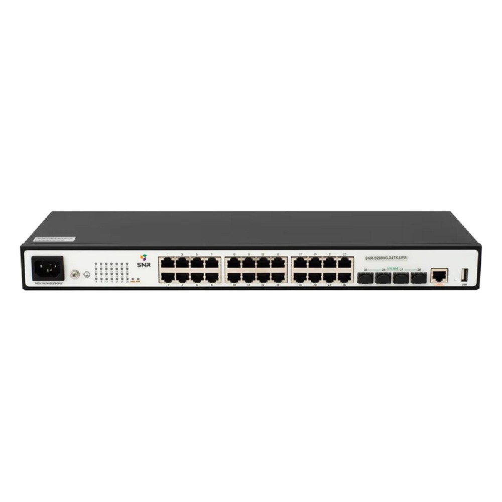 SNR SNR-S2989G-24TX-UPS Управляемый коммутатор уровня 2+, 24 порта 10/100/1000Base-T, 4 порта 1/10G SFP+, VSF HA, встроенный БП ~220V AC, разъем для АКБ 12V с возможностью заряда