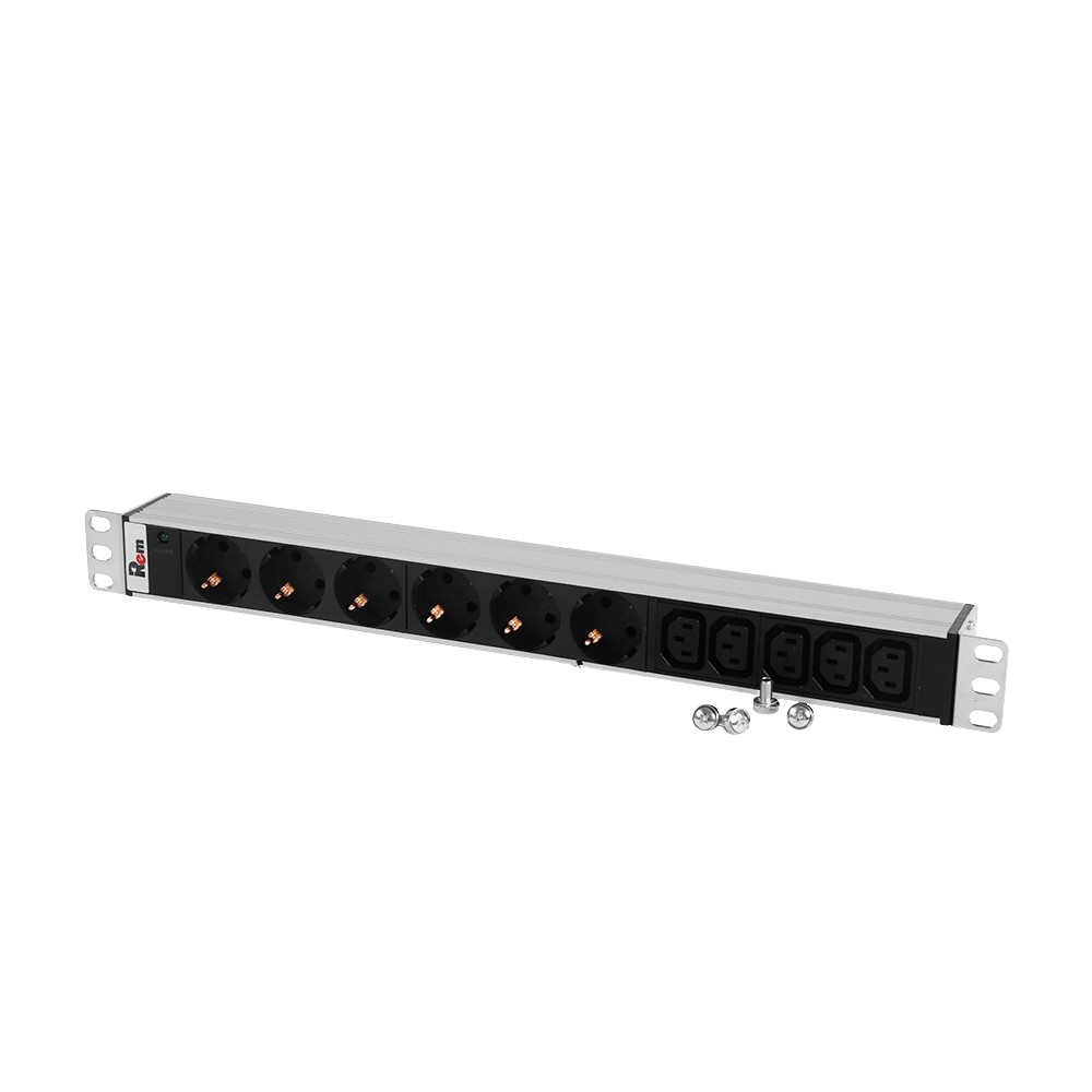 REM Блок розеток Rem-10 без шнура с инд., 6 Schuko, 5 IEC 60320 C13, вход IEC 60320 C14, 10A, алюм., 19" (R-10-6S-5C13-I-440-Z)