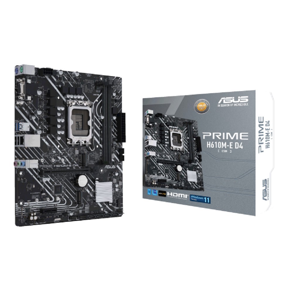 ASUS PRIME H610M-E D4-CSM (Socket 1700, mATX, 2xDDR4(64GB),  VGA/HDMI/DP, 1xPCIe 4.0x16/1xPCIe 3.0, 1xLAN, 4xSATA 6Gb/s, 2xM.2, 2xUSB 3.2, 2xUSB 2.0, 2xPS/2)
