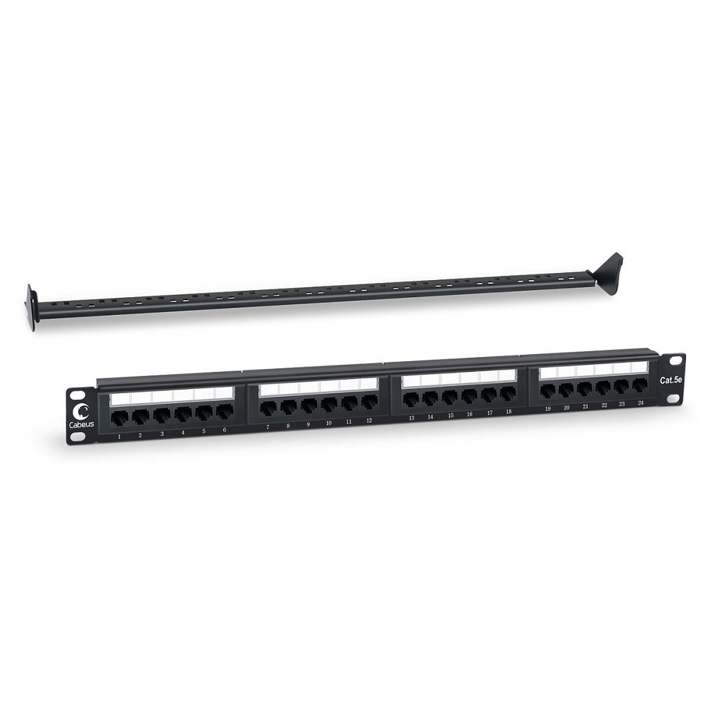 Cabeus PL-24-Cat.5e-Dual IDC Патч-панель 19" (1U), 24 порта RJ-45, категория 5e, Dual IDC, с задним кабельным  организатором