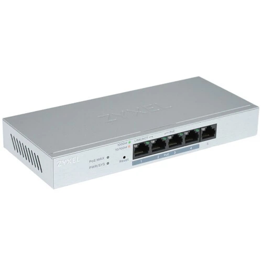 ZYXEL GS1200-5HPV2-EU0101F Smart PoE+ коммутатор GS1200-5HP v2, 5xGE (4xPoE+), настольный, бесшумный, с поддержкой VLAN, IGMP, QoS и Link Aggregation, бюджет PoE 60 Вт