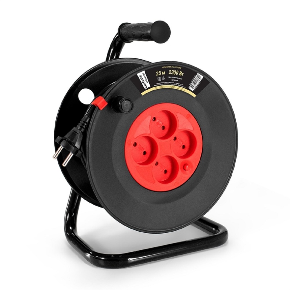 Exegate EX295744RUS Удлинитель на катушке ExeGate industrial ECS-10-2-25 (4 евророзетки, IP20, 25м, защита от детей, защита от перегрузки, 2х1,0мм2, 10А/2.3кВт)