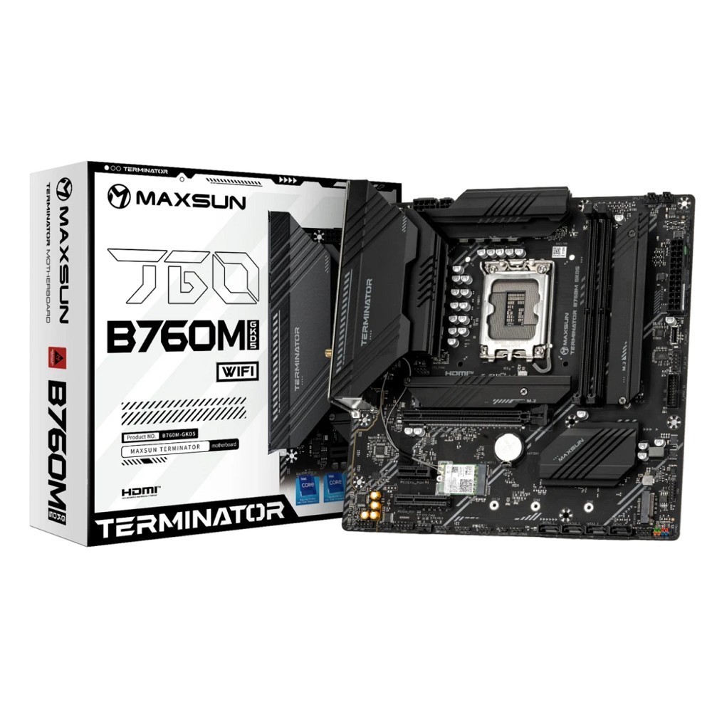 MAXSUN MS-Terminator B760M GKD5 WIFI (Socket 1700, mATX, 2*DDR5(96Gb), DP/HDMI, 4*SATA3, 3*M.2, 1xPCI-Ex16/1*PCIEx4/1*PCIEx1, 6*USB 2.0, 2*USB 3.2, LAN 1*2.5G, Wi-Fi 6, RTL)